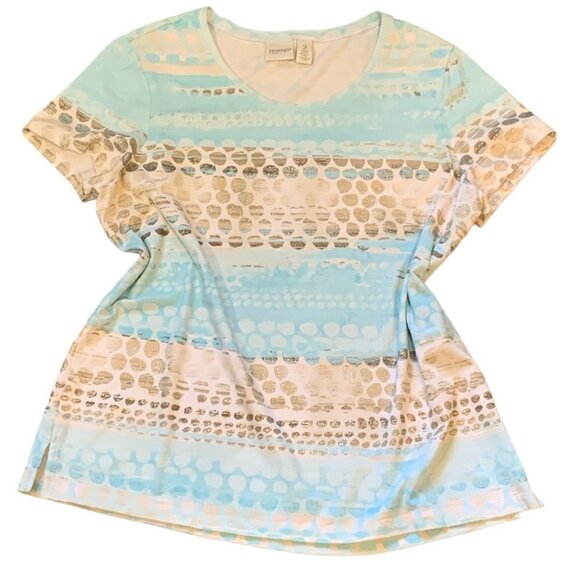 Chico's Zenergy Tee Top Aqua White Metallic Gold Dots Sz 2 (L/12) #130E - Picture 5 of 9